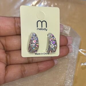 Silver Earrings with Iridescent Stones New! Half Moon Shape